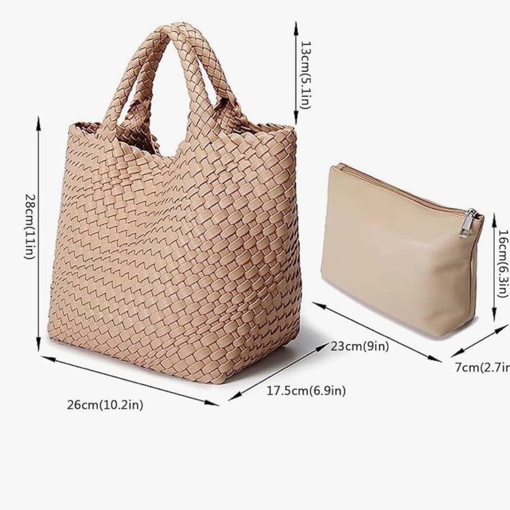 New Large Woven Vegan Leather Tote Bag with Matching Clutch – Beige - Picture 3 of 14